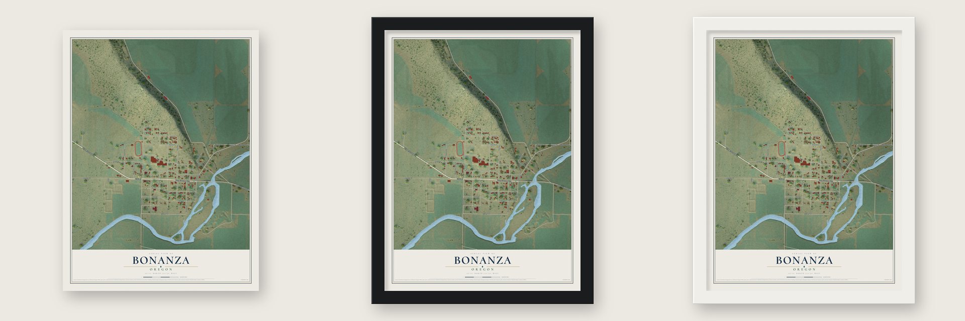 Bonanza, Oregon map unframed, in a black wood frame and in a white wood frame