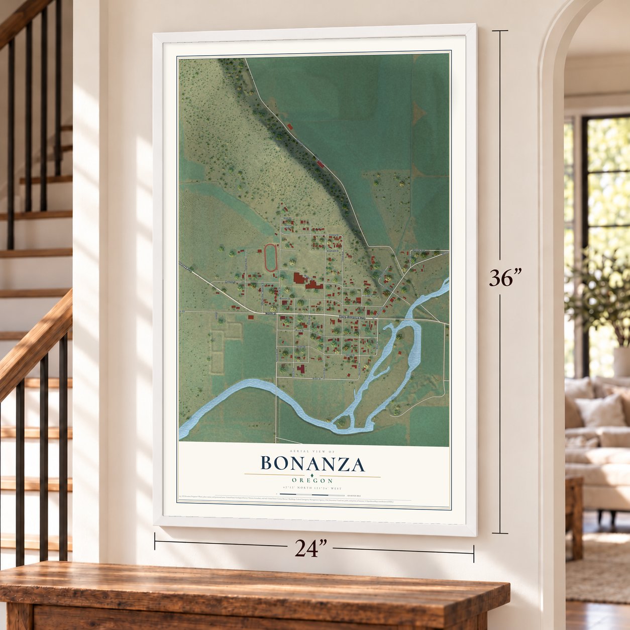 Bonanza, Oregon map, 24 x 36 inch print in a white frame by a staircase