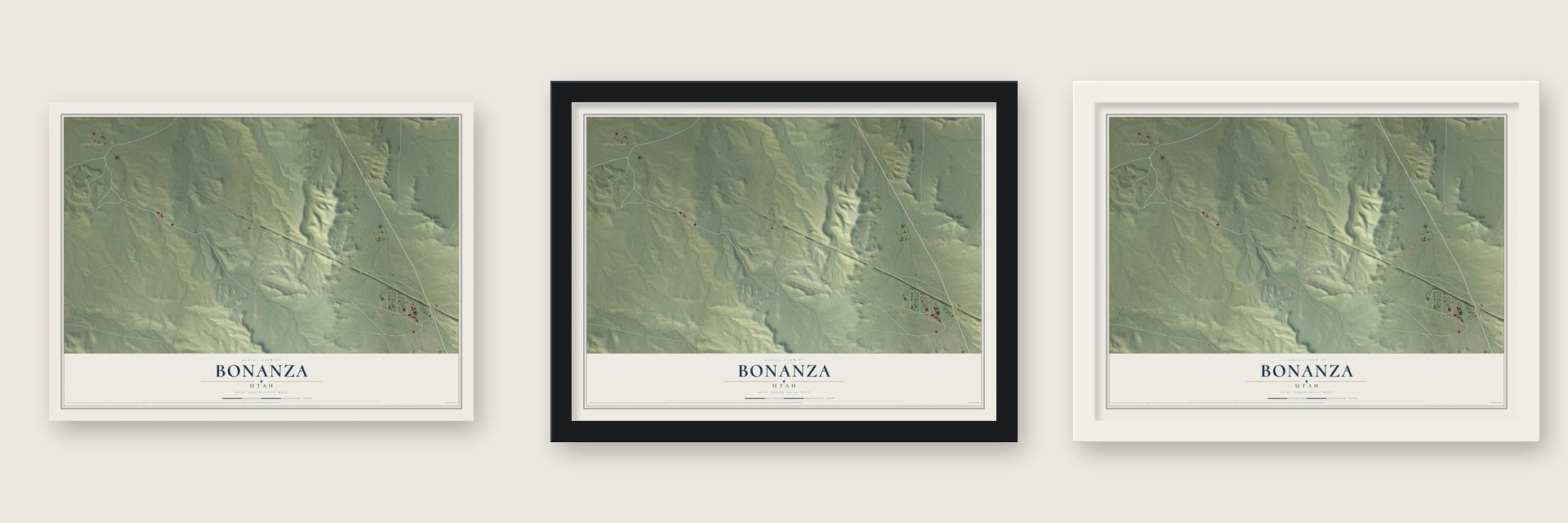 Bonanza, Utah map unframed, in a black wood frame and in a white wood frame