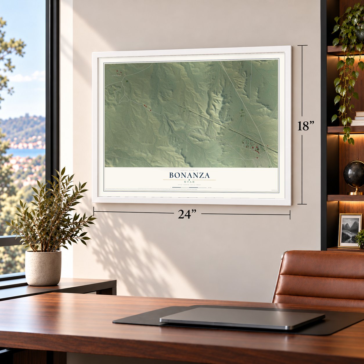 Bonanza, Utah map, 18 x 24 inch print in a white frame in a home office