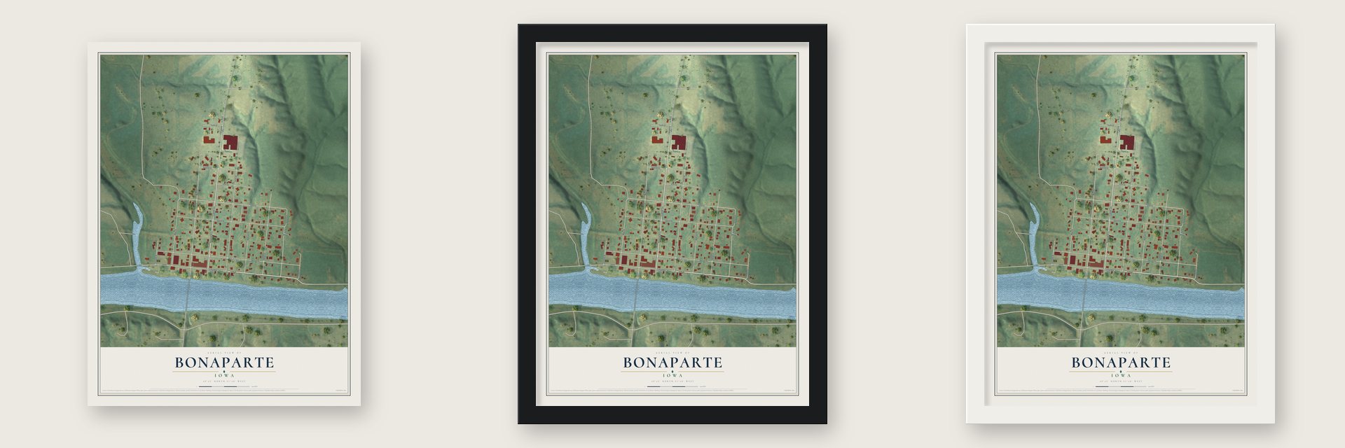 Bonaparte, Iowa map unframed, in a black wood frame and in a white wood frame