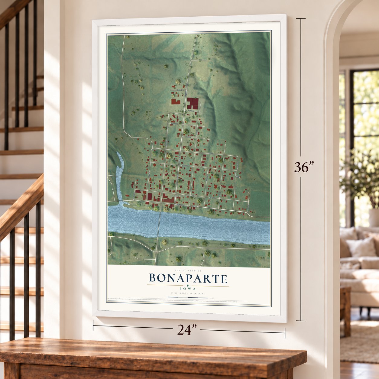 Bonaparte, Iowa map, 24 x 36 inch print in a white frame by a staircase