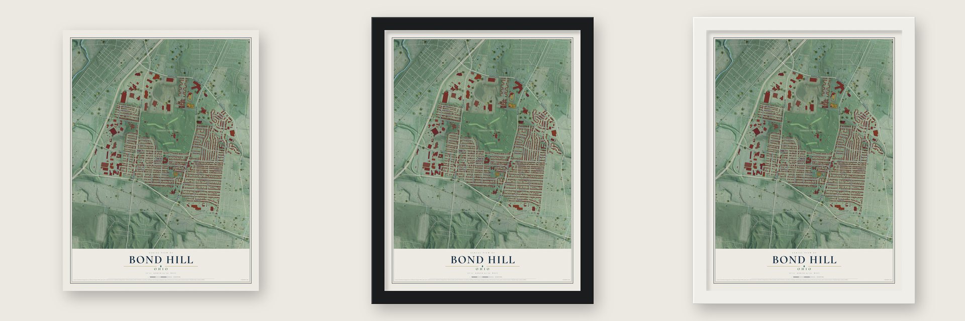 Bond Hill, Ohio map unframed, in a black wood frame and in a white wood frame