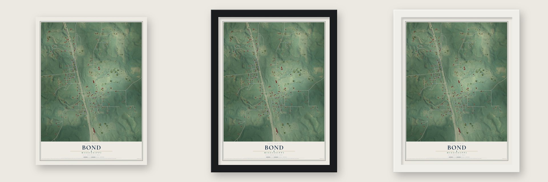 Bond, Mississippi map unframed, in a black wood frame and in a white wood frame