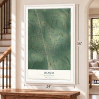 Bond, Mississippi map, 24 x 36 inch print in a white frame by a staircase