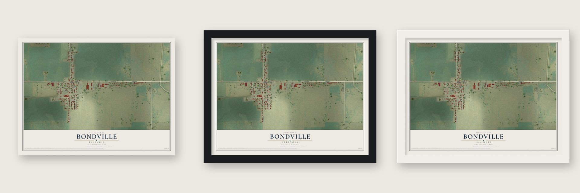 Bondville, Illinois map unframed, in a black wood frame and in a white wood frame