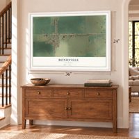 Bondville, Illinois map, 24 x 36 inch print in a white frame above a dresser by a staircase