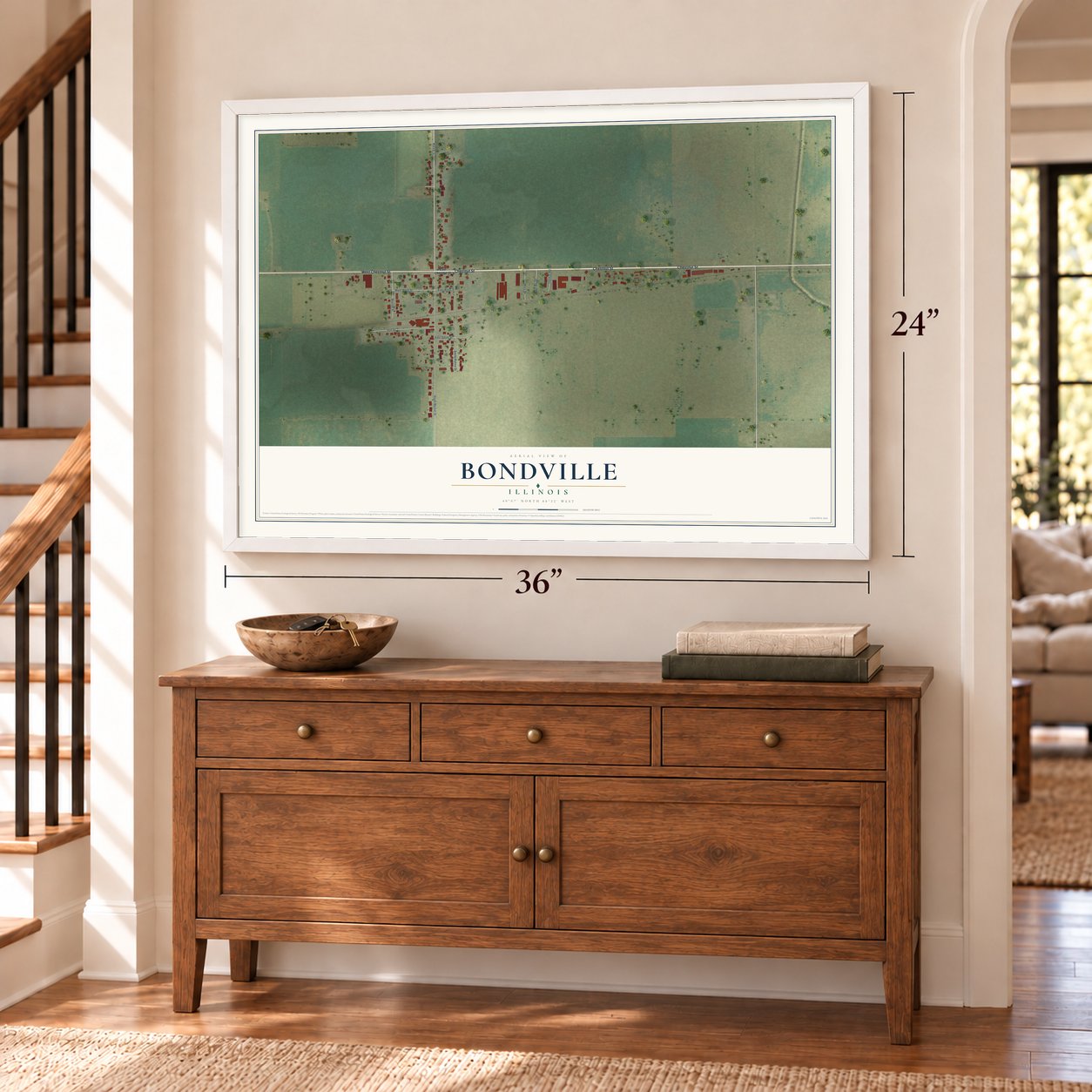 Bondville, Illinois map, 24 x 36 inch print in a white frame above a dresser by a staircase