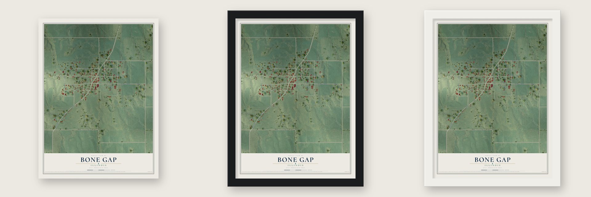 Bone Gap, Illinois map unframed, in a black wood frame and in a white wood frame