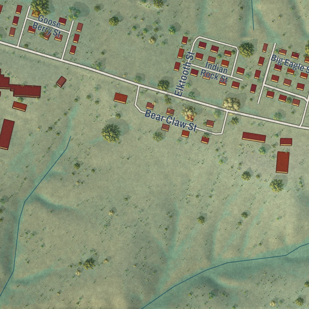 Second close-up of the map of Boneau, Montana print showing more streets and buildings