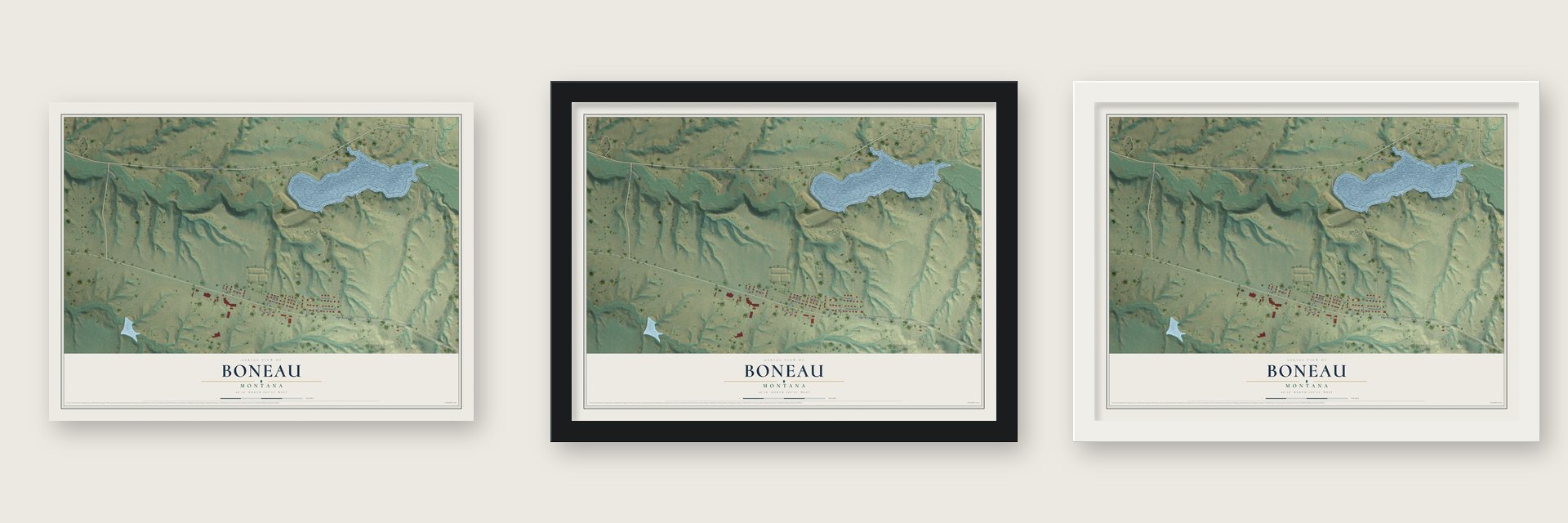 Boneau, Montana map unframed, in a black wood frame and in a white wood frame