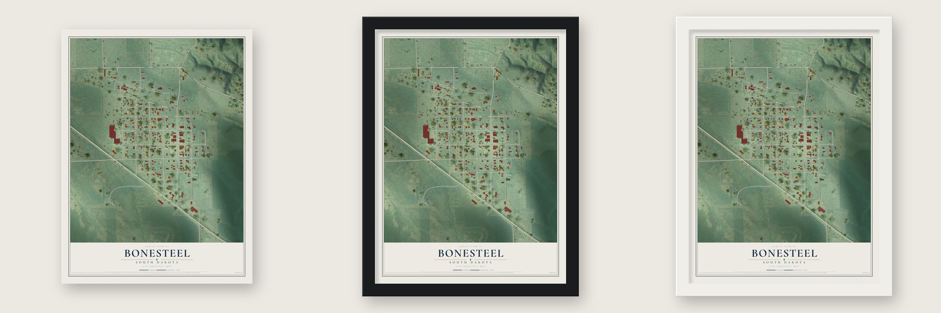 Bonesteel, South Dakota map unframed, in a black wood frame and in a white wood frame