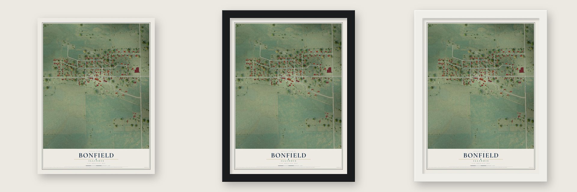 Bonfield, Illinois map unframed, in a black wood frame and in a white wood frame