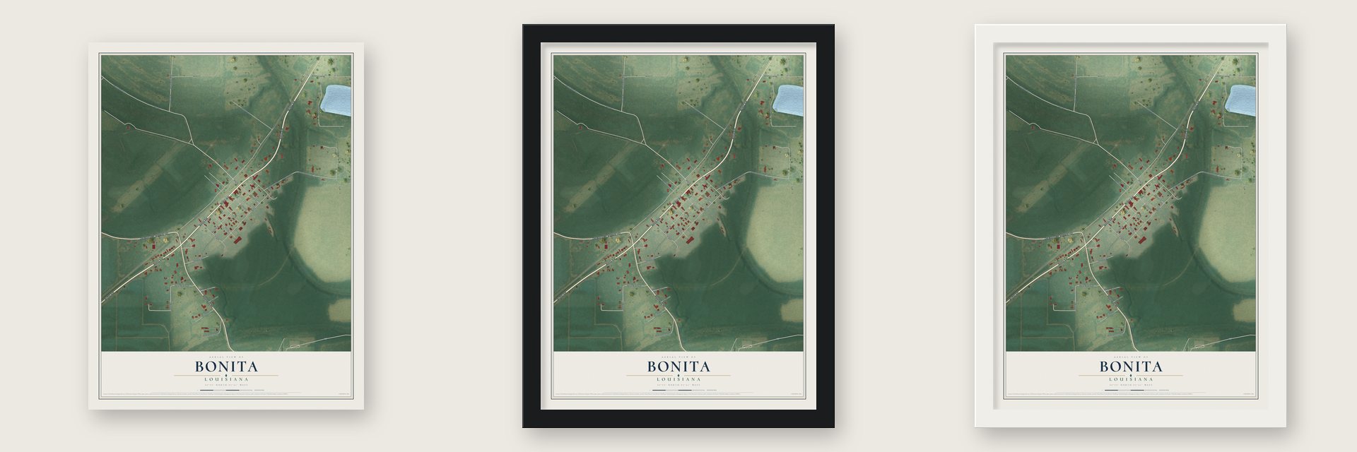Bonita, Louisiana map unframed, in a black wood frame and in a white wood frame