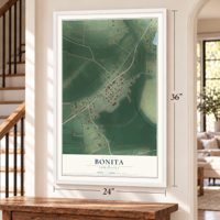 Bonita, Louisiana map, 24 x 36 inch print in a white frame by a staircase