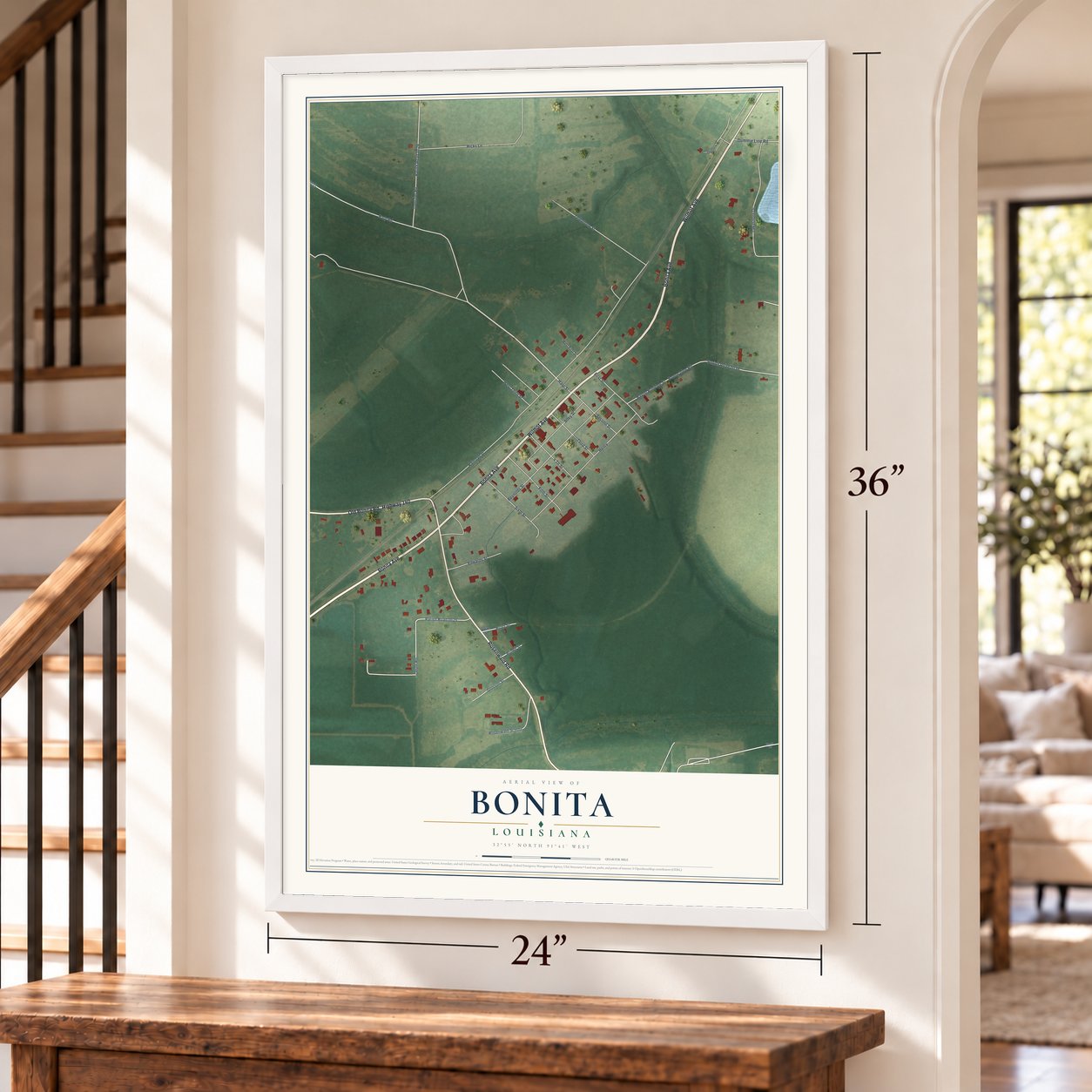 Bonita, Louisiana map, 24 x 36 inch print in a white frame by a staircase