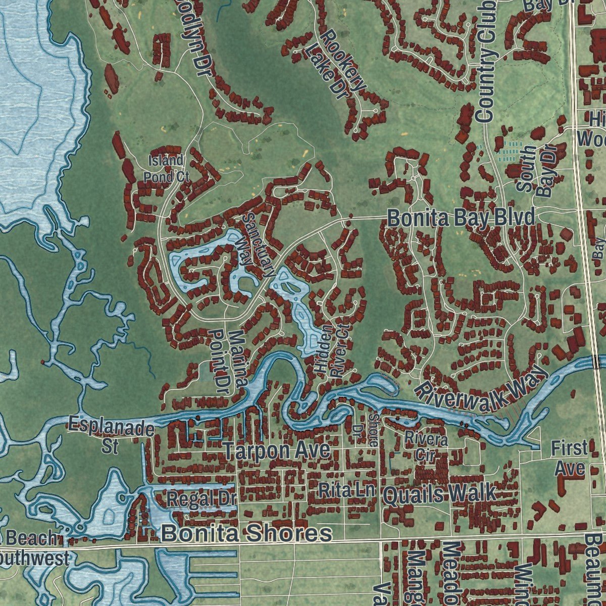 Second close-up of the map of Bonita Springs, Florida print showing more streets and buildings