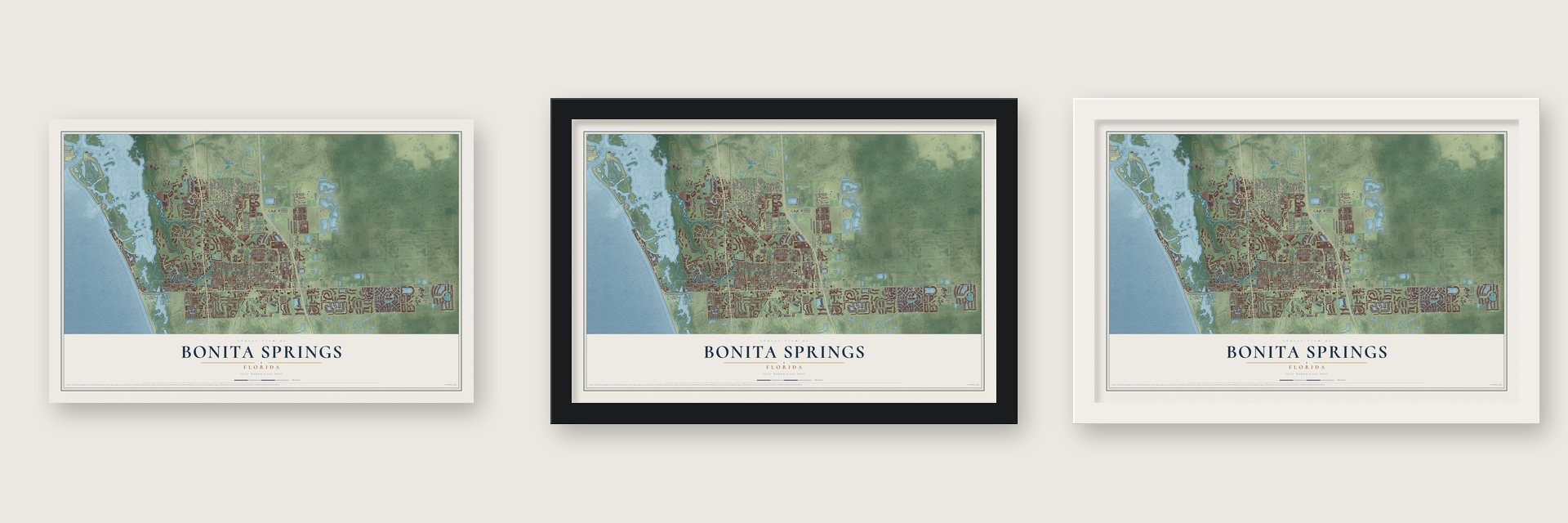 Bonita Springs, Florida map unframed, in a black wood frame and in a white wood frame