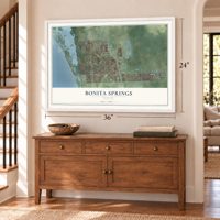 Bonita Springs, Florida map, 24 x 36 inch print in a white frame above a dresser by a staircase