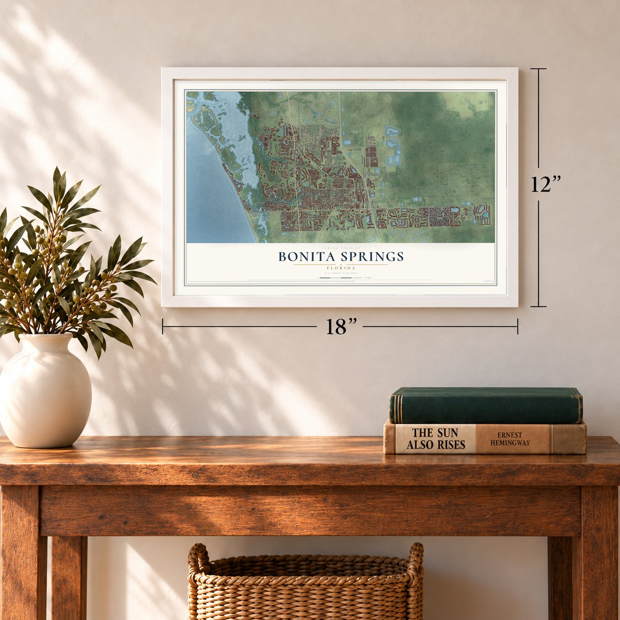 Bonita Springs, Florida map, 12 x 18 inch print in a white frame in an entryway