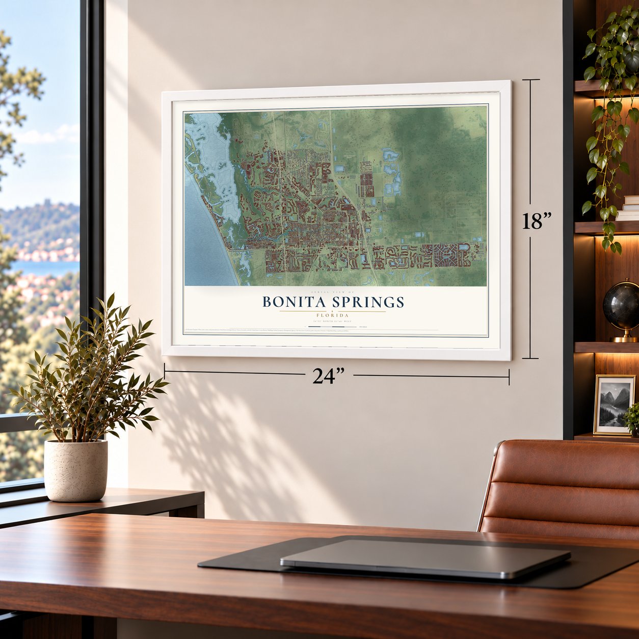 Bonita Springs, Florida map, 18 x 24 inch print in a white frame in a home office