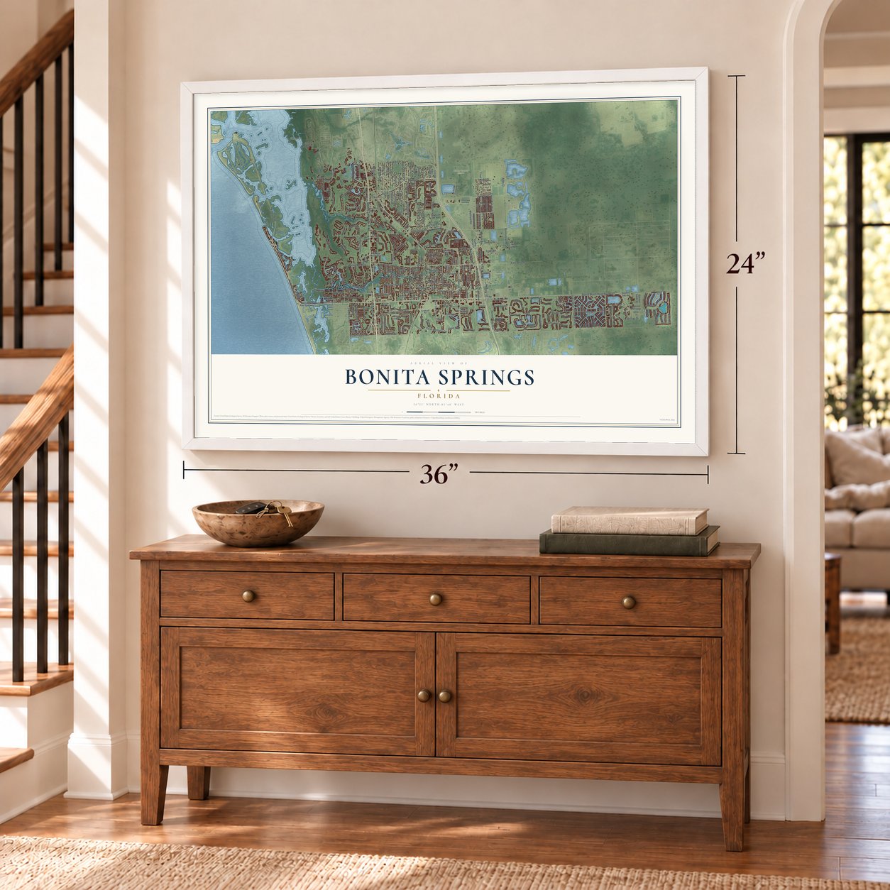 Bonita Springs, Florida map, 24 x 36 inch print in a white frame above a dresser by a staircase