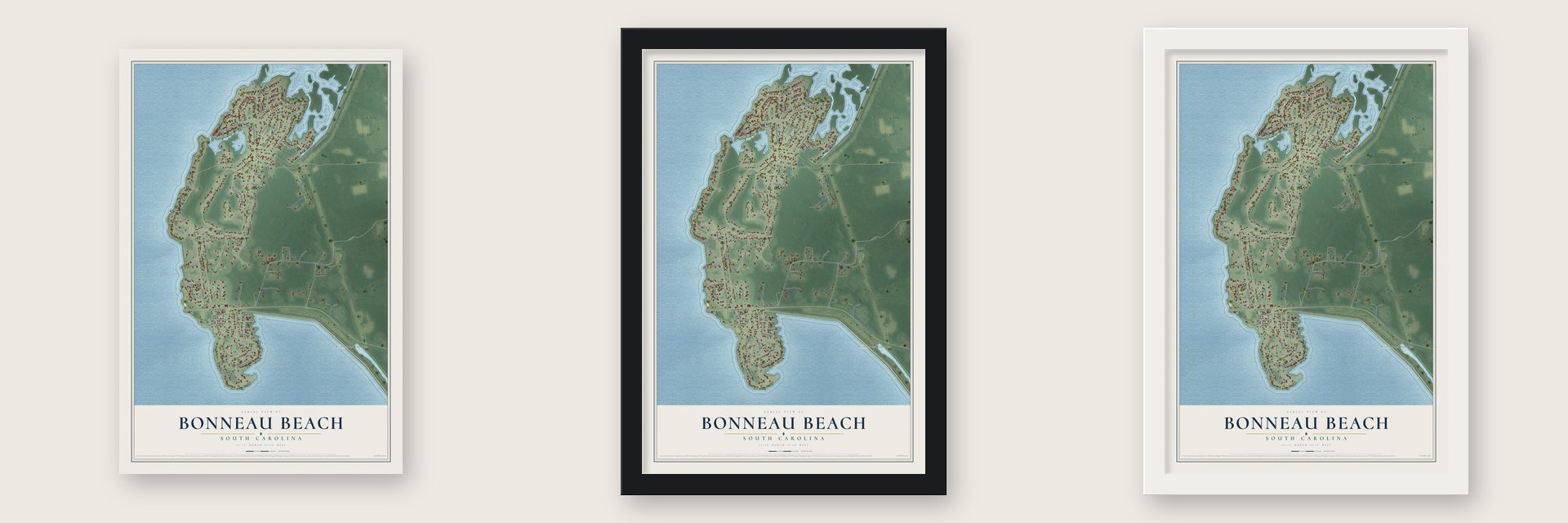 Bonneau Beach, South Carolina map unframed, in a black wood frame and in a white wood frame