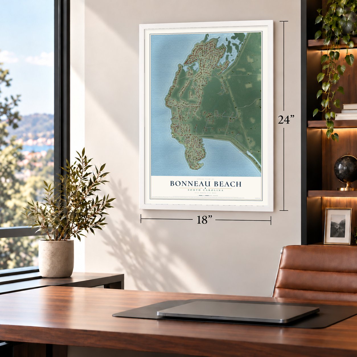 Bonneau Beach, South Carolina map, 18 x 24 inch print in a white frame in a home office