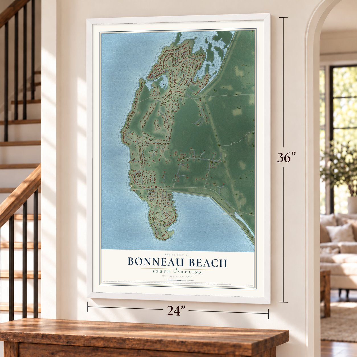 Bonneau Beach, South Carolina map, 24 x 36 inch print in a white frame by a staircase
