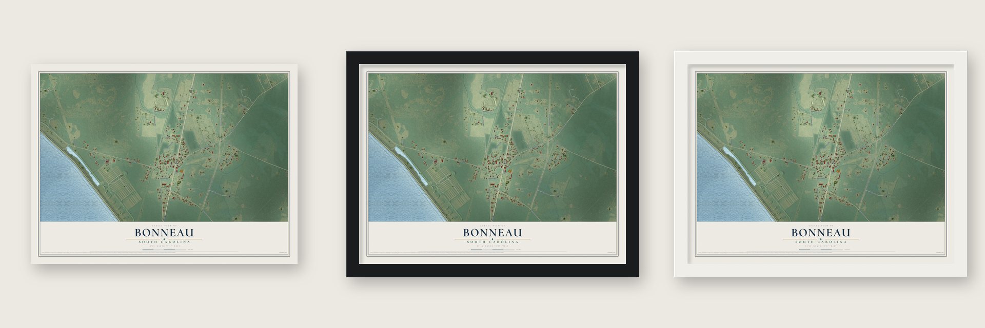 Bonneau, South Carolina map unframed, in a black wood frame and in a white wood frame