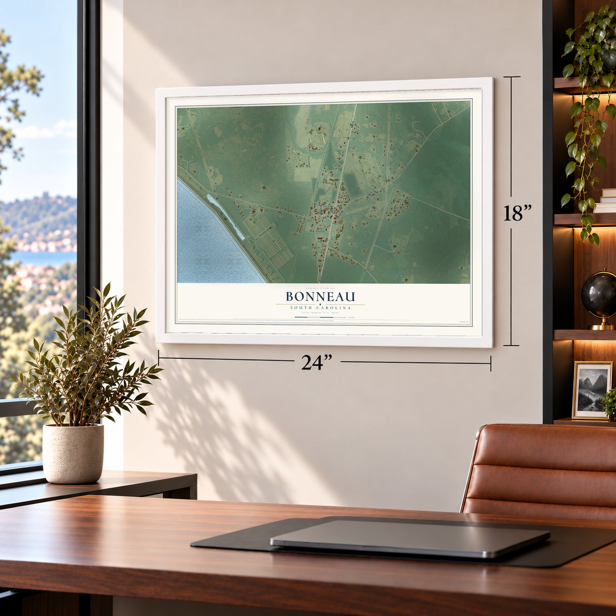 Bonneau, South Carolina map, 18 x 24 inch print in a white frame in a home office