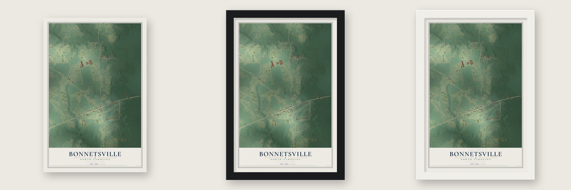 Bonnetsville, North Carolina map unframed, in a black wood frame and in a white wood frame