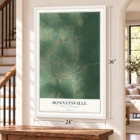 Bonnetsville, North Carolina map, 24 x 36 inch print in a white frame by a staircase