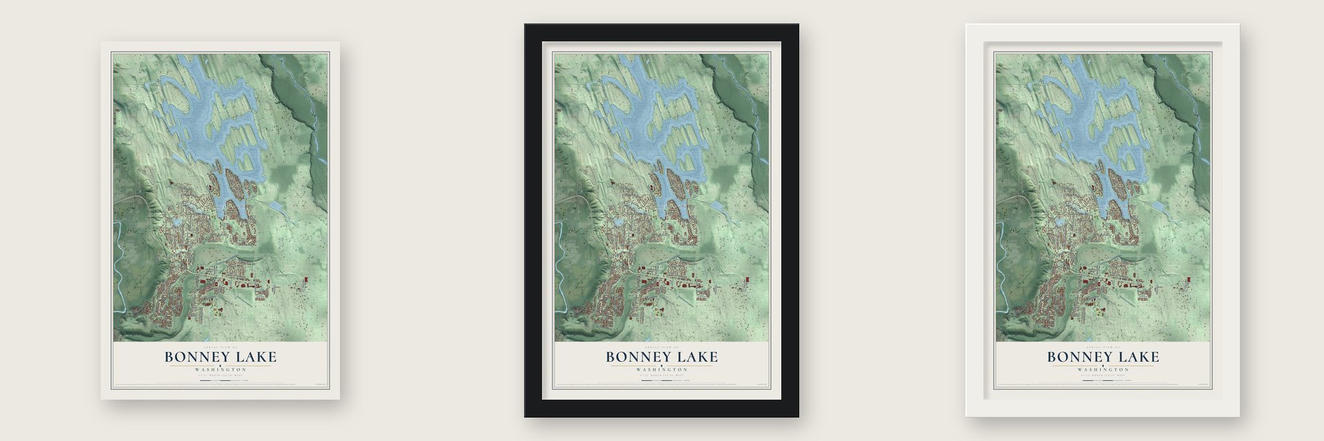 Bonney Lake, Washington map unframed, in a black wood frame and in a white wood frame