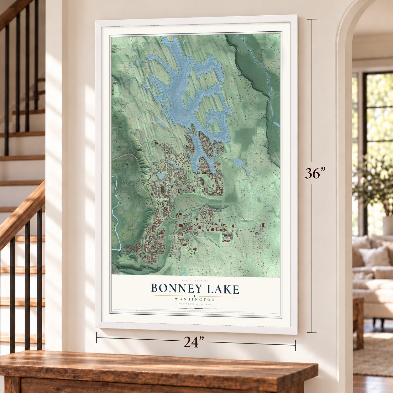 Bonney Lake, Washington map, 24 x 36 inch print in a white frame by a staircase