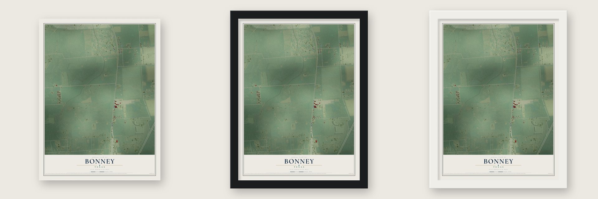 Bonney, Texas map unframed, in a black wood frame and in a white wood frame
