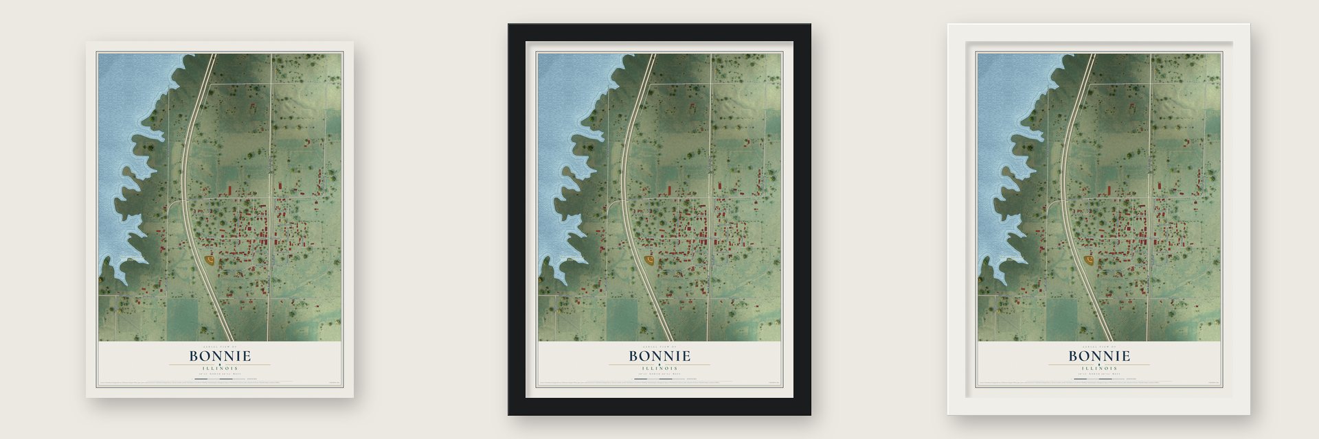 Bonnie, Illinois map unframed, in a black wood frame and in a white wood frame