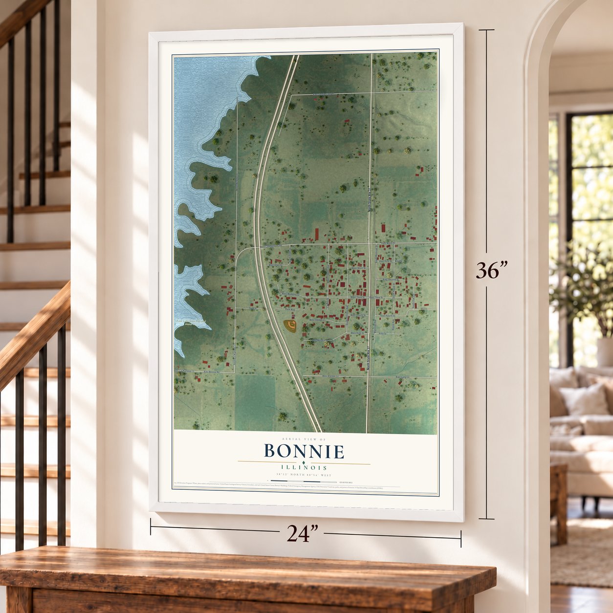 Bonnie, Illinois map, 24 x 36 inch print in a white frame by a staircase