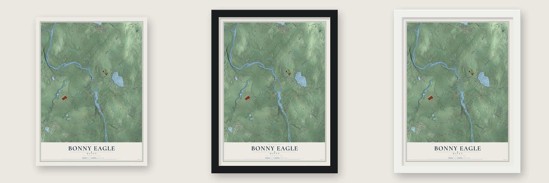 Bonny Eagle, Maine map unframed, in a black wood frame and in a white wood frame