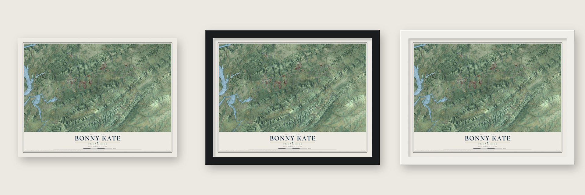 Bonny Kate, Tennessee map unframed, in a black wood frame and in a white wood frame