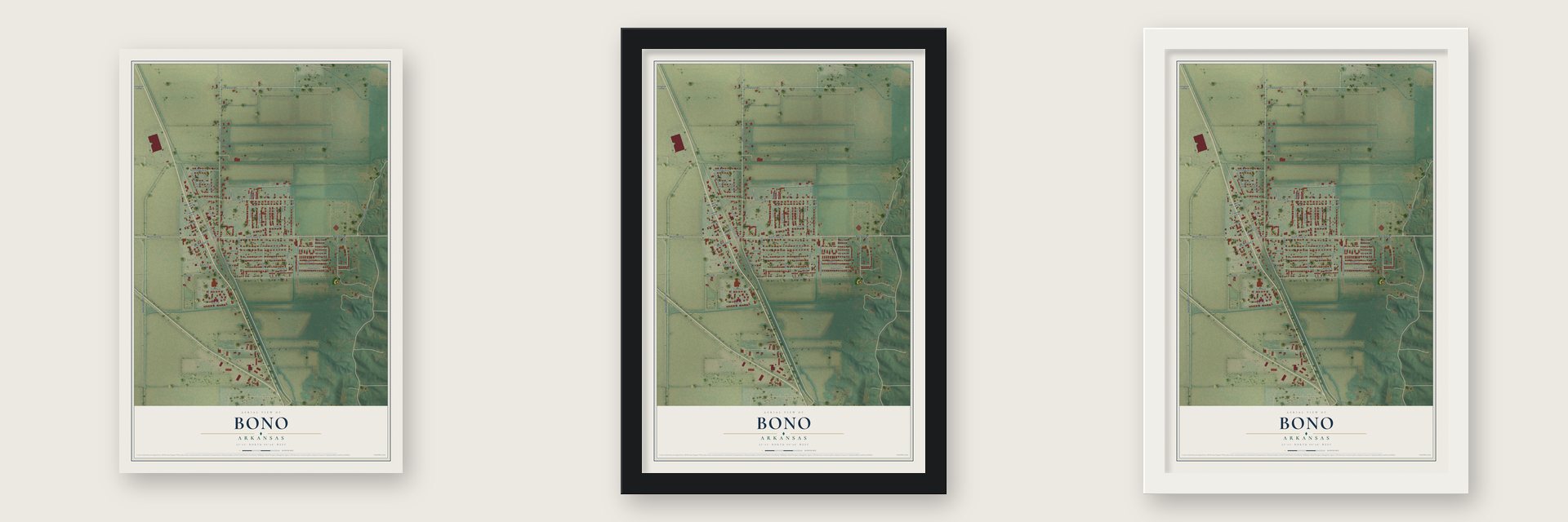 Bono, Arkansas map unframed, in a black wood frame and in a white wood frame