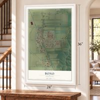 Bono, Arkansas map, 24 x 36 inch print in a white frame by a staircase