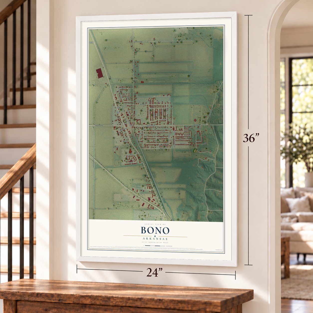 Bono, Arkansas map, 24 x 36 inch print in a white frame by a staircase