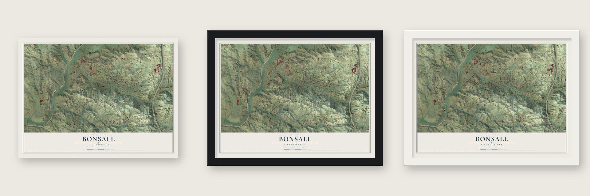 Bonsall, California map unframed, in a black wood frame and in a white wood frame