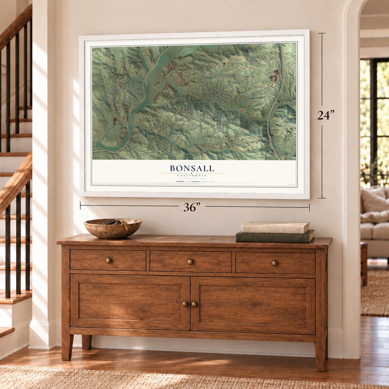 Bonsall, California map, 24 x 36 inch print in a white frame above a dresser by a staircase