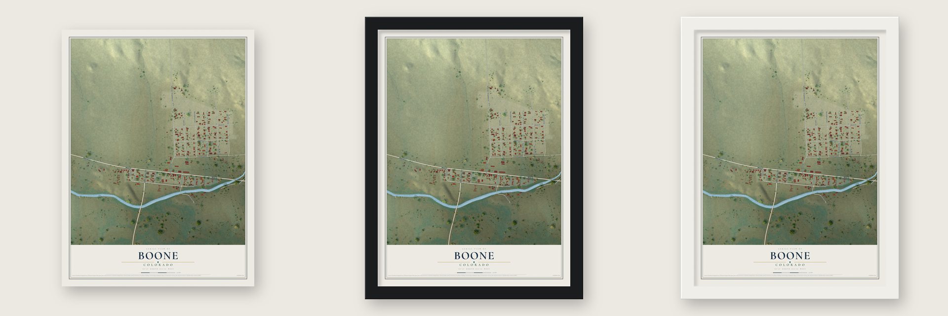 Boone, Colorado map unframed, in a black wood frame and in a white wood frame