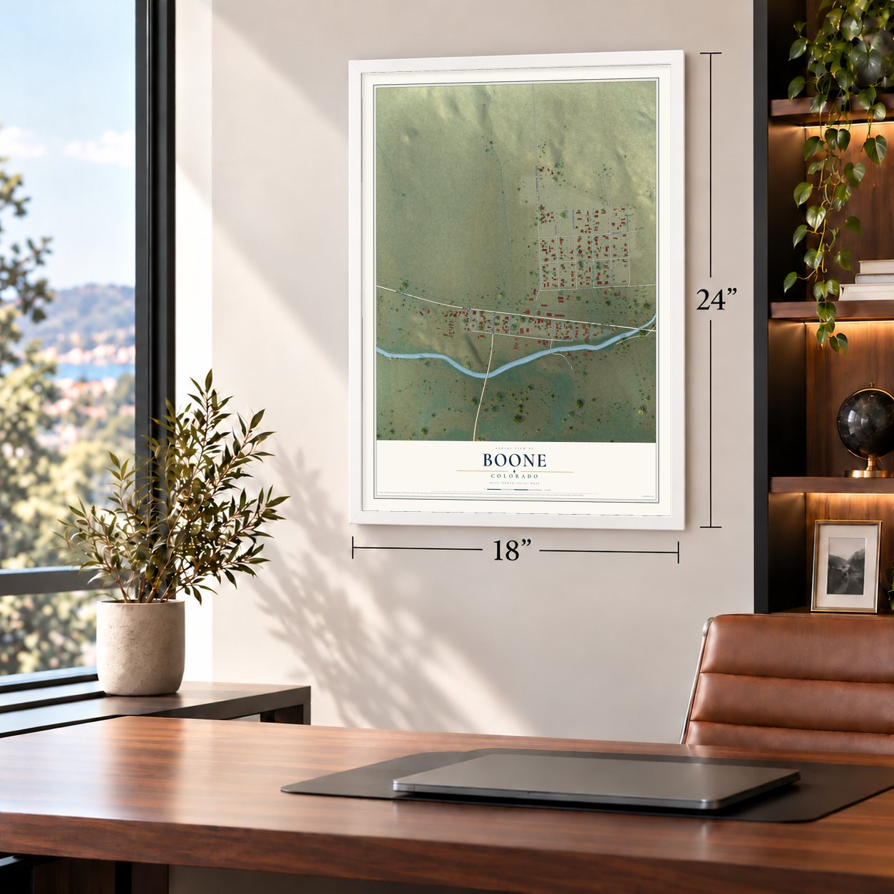 Boone, Colorado map, 18 x 24 inch print in a white frame in a home office