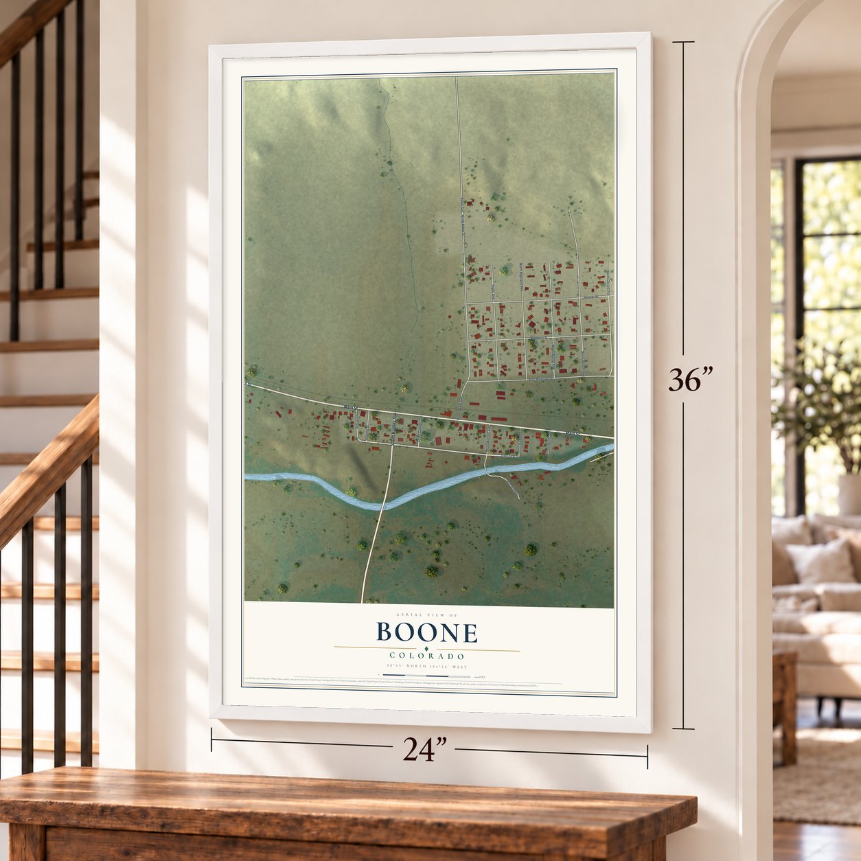 Boone, Colorado map, 24 x 36 inch print in a white frame by a staircase