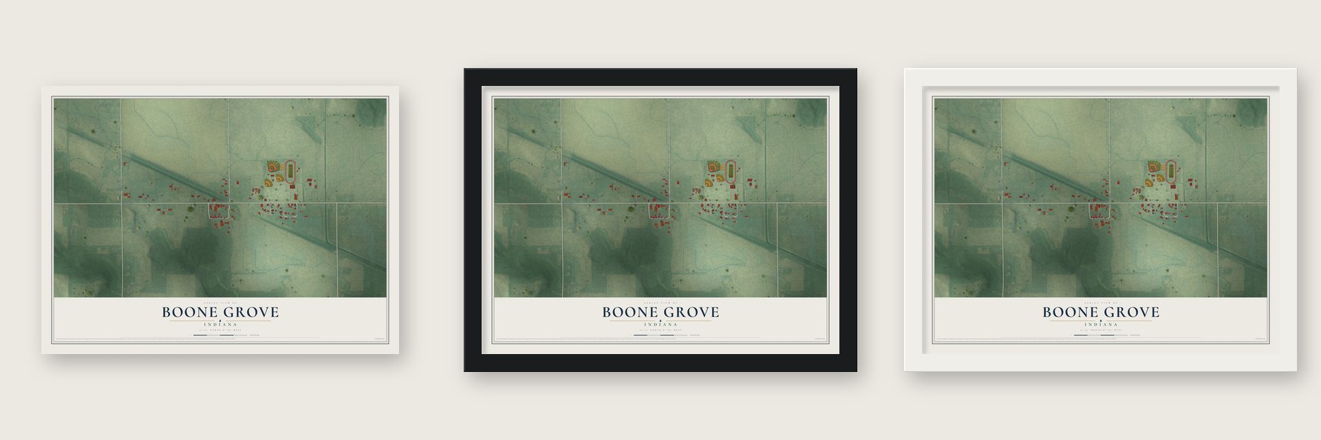 Boone Grove, Indiana map unframed, in a black wood frame and in a white wood frame