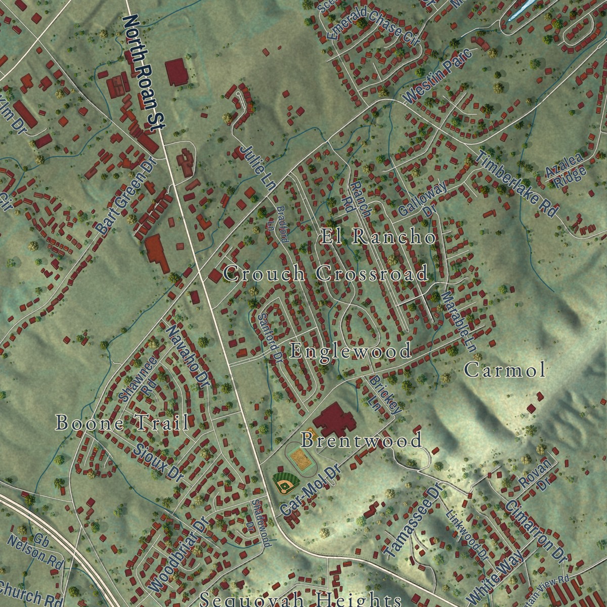 Second close-up of the map of Boone, Tennessee print showing more streets and buildings
